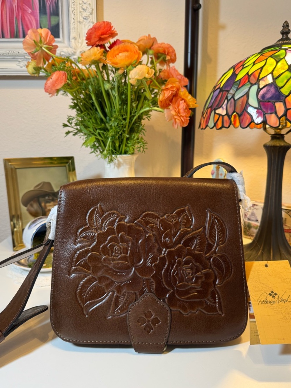 Patricia Nash Brown Embossed Floral Vintage Vegetable-Tanned Ilina Leather Bag